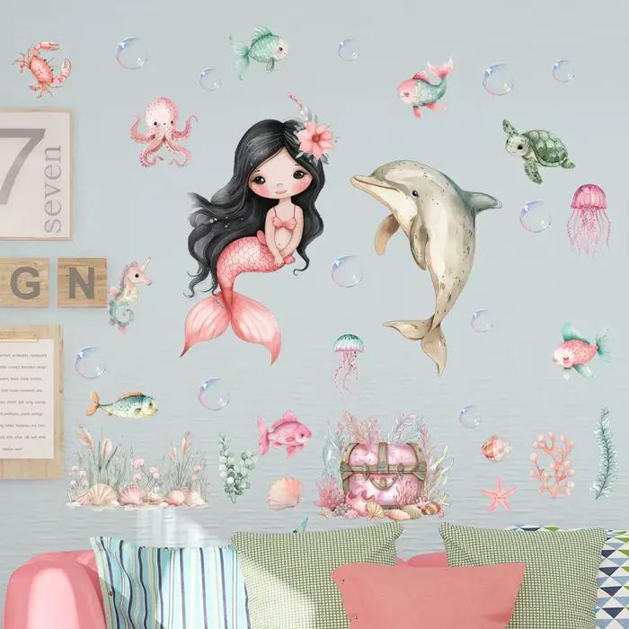Autocollants muraux sirène du monde sous-marin de dessin animé