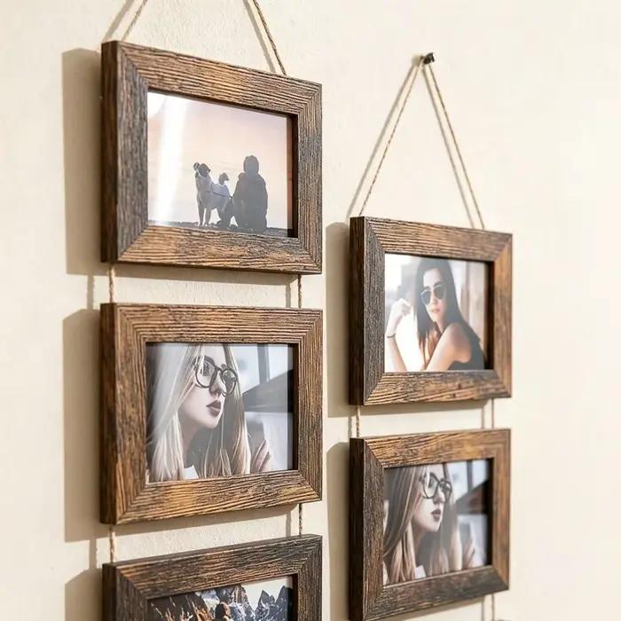 Collage de cadres photo muraux vintage en bois avec corde de chanvre, idéal pour la décoration murale des salons, chambres et dortoirs