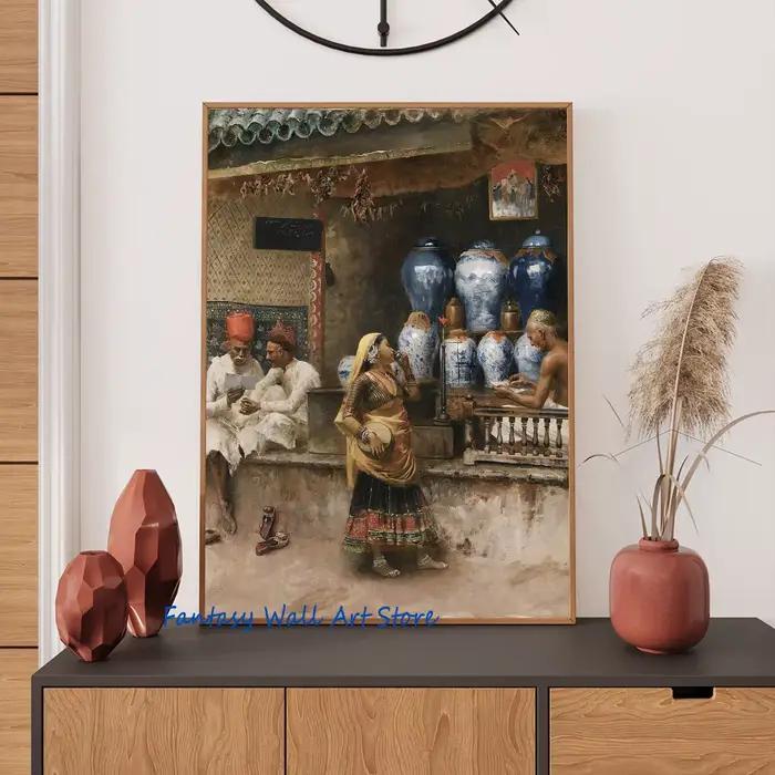 Peinture sur toile vintage de paysage urbain indien antique avec paon et Taj Mahal