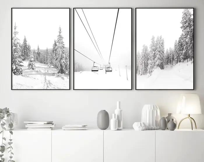 Impressions d'hiver ensemble d'impression noir et blanc de 3 décor d'art mural affiche nordique imprimé forêt de neige