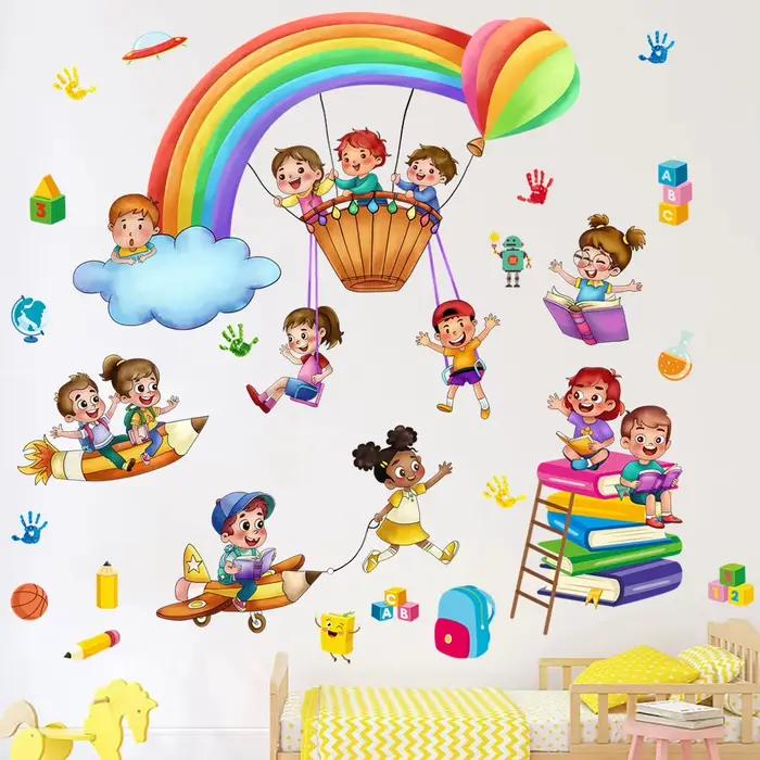 Dessin animé enfants jouent jeu arc-en-ciel autocollant mural auto-adhésif école salle de classe