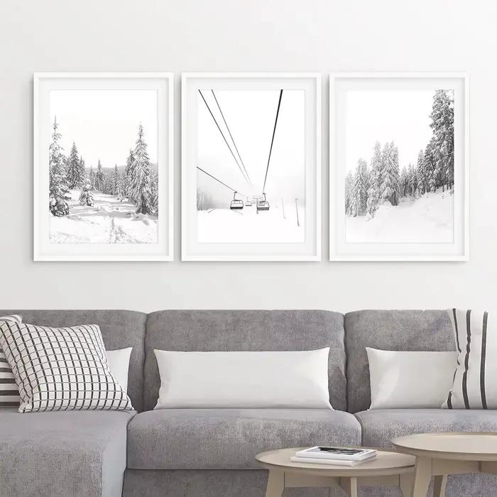 Impressions d'hiver ensemble d'impression noir et blanc de 3 décor d'art mural affiche nordique imprimé forêt de neige