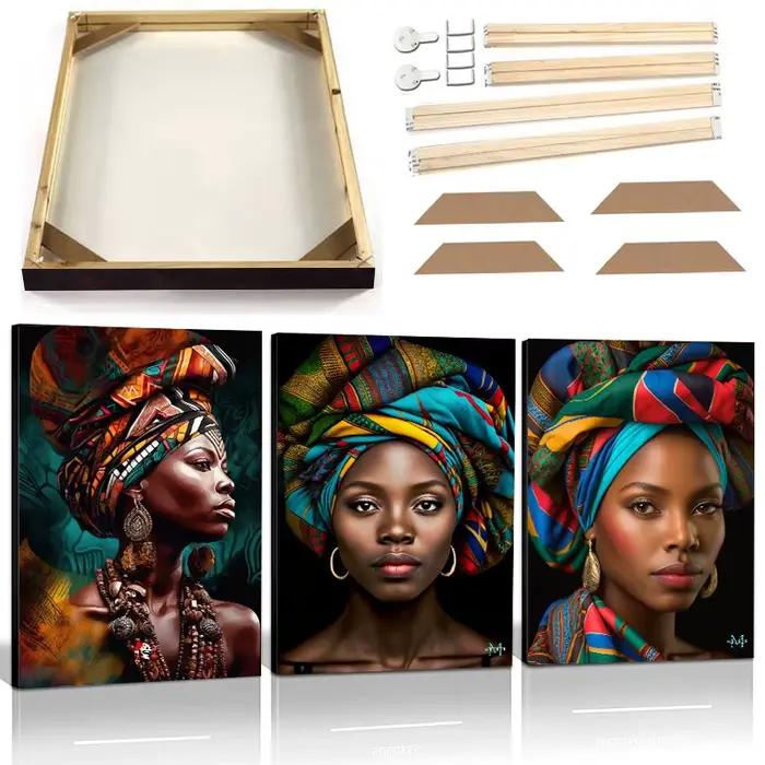 Peinture sur toile d'art de femme africaine avec cadre, affiche de portrait de femme turban de mode, impressions colorées, image murale de figure, décor à la maison