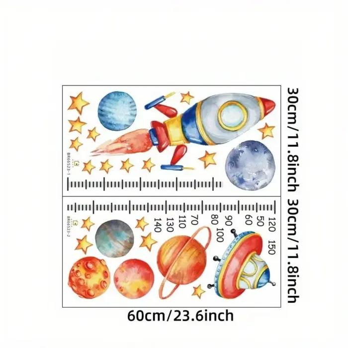 Autocollants muraux pour tableau de croissance des enfants, 2 feuilles – Suivi de la taille et de la longueur amovible avec fusée, planètes, étoiles et règle numérotée
