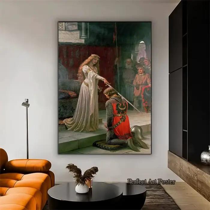Edmund Blair Leighton œuvre l'accolade chevalier médiéval thème toile peinture mur Art Vintage affiches salon décor à la maison