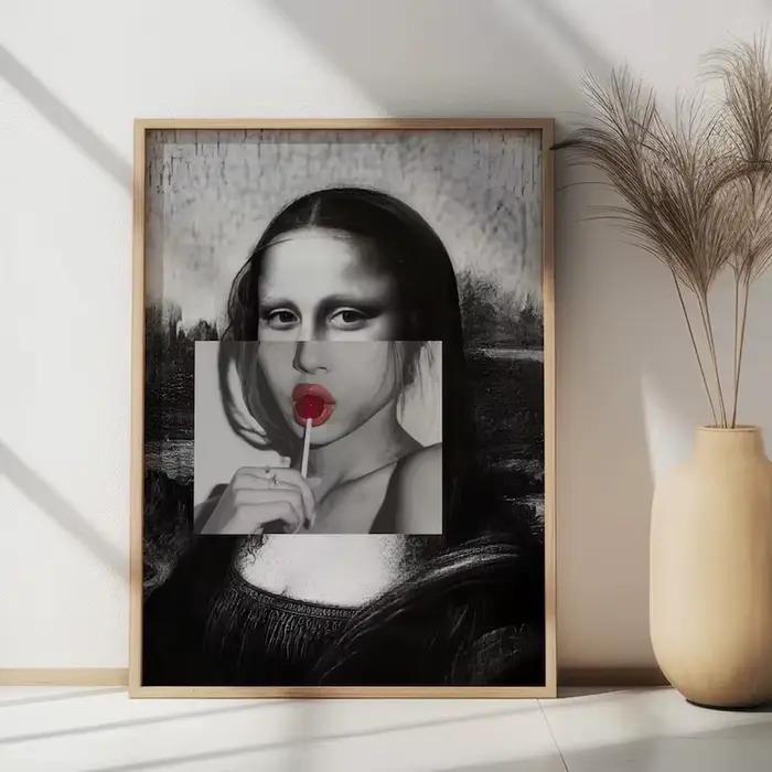 Affiche Pop Art Mona Lisa dans un style collage moderne avec sucette et esthétique rétro-surrealiste