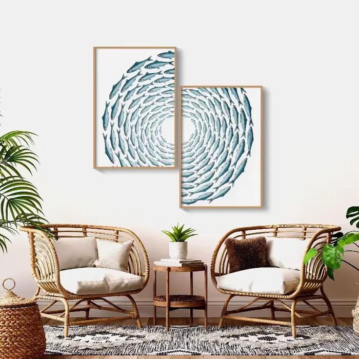 Lot de 2 affiches murales minimalistes d'été sur le thème des sardines
