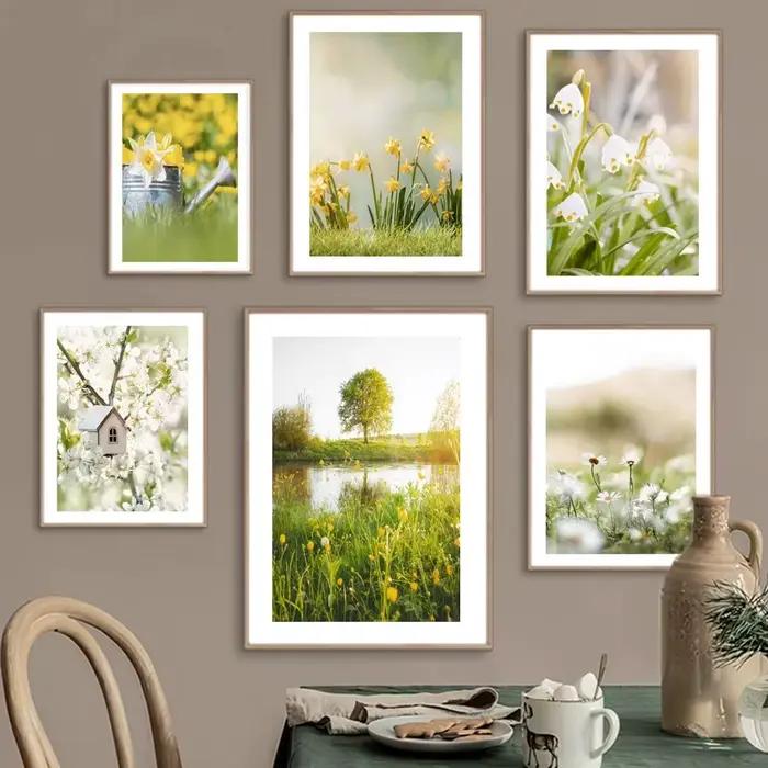 Peinture sur toile murale avec paysage de printemps, fleurs, plantes vertes, affiche d'impression, décoration moderne pour le salon, peinture murale