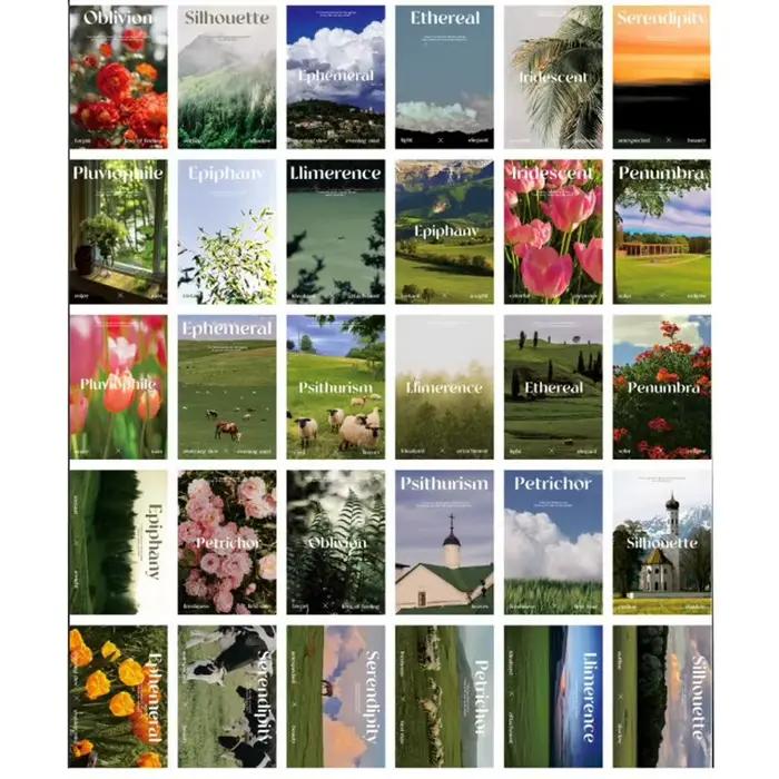 30 autocollants affiches imprimées Paysage Naturel Colline Verte Nordique