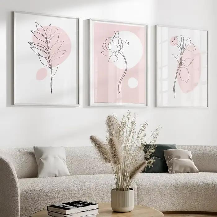 Lot de 3 tableaux muraux botaniques roses – Décoration murale botanique – Affiche d'art linéaire