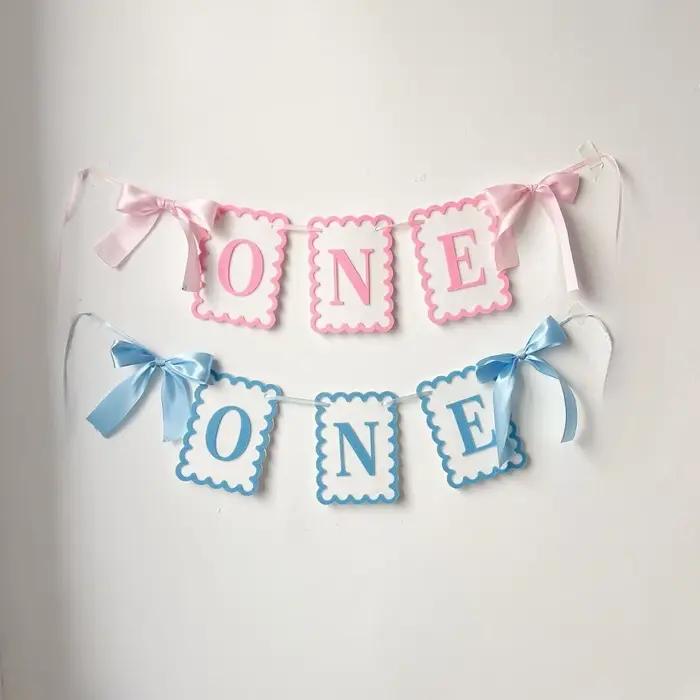 Rose bleu une lettre bannière fond décoration murale un an bébé 1er anniversaire fête faveur