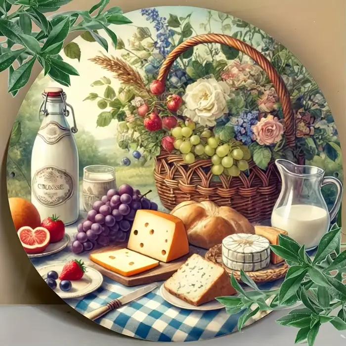 Assiette murale décorative rustique sur le thème de la nourriture - Art rond en aluminium de 8x8 pouces avec motifs de
