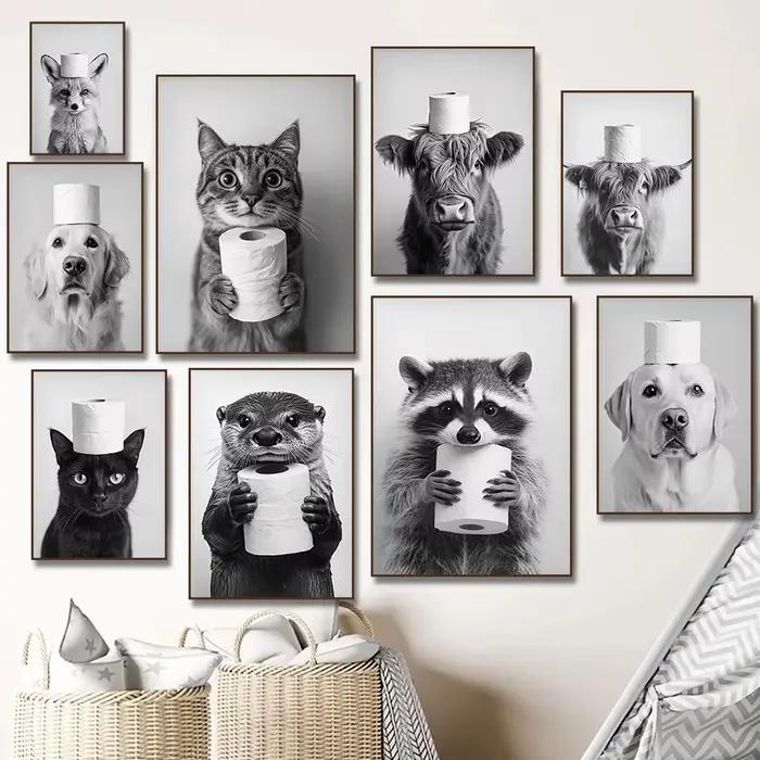 Highland vache loutre chat raton laveur avec papier toilette affiche impression toile peinture salle de bain mur Art