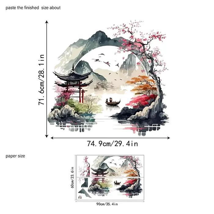 🎊 Autocollant mural Paysage Oiseaux Montagne Rivière pour Fond de Mur