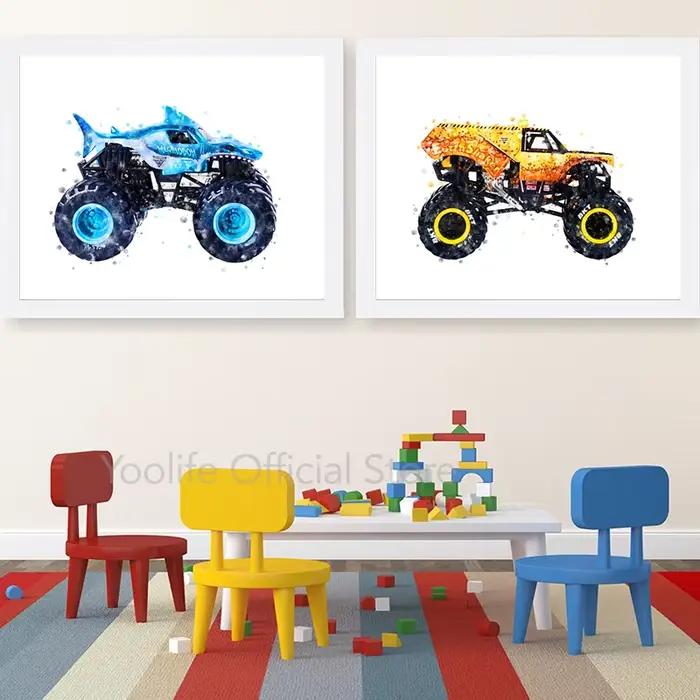 Peinture d'art aquarelle de dessin animé Monster Truck, toile imprimée, affiches nordiques modernes, cadeaux pour garçons, décoration de chambre d'enfants, images