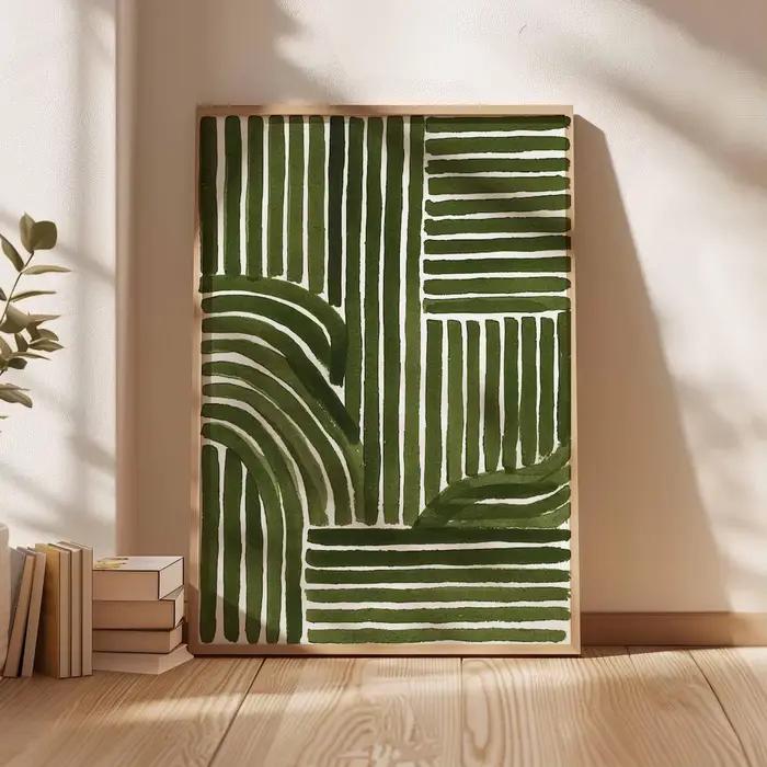 Impression d'art au trait abstrait vert – Affiche géométrique minimaliste moderne