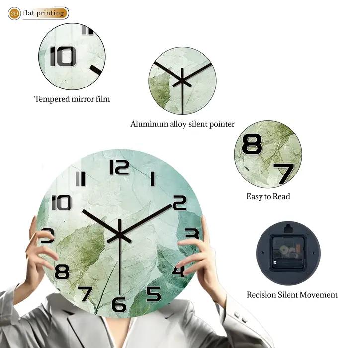 Horloge murale imprimée feuilles vertes fraîches – Motif botanique minimaliste