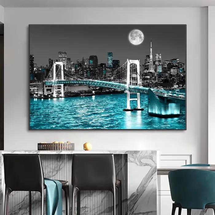 Peinture sur toile abstraite néon de l'horizon urbain de New York