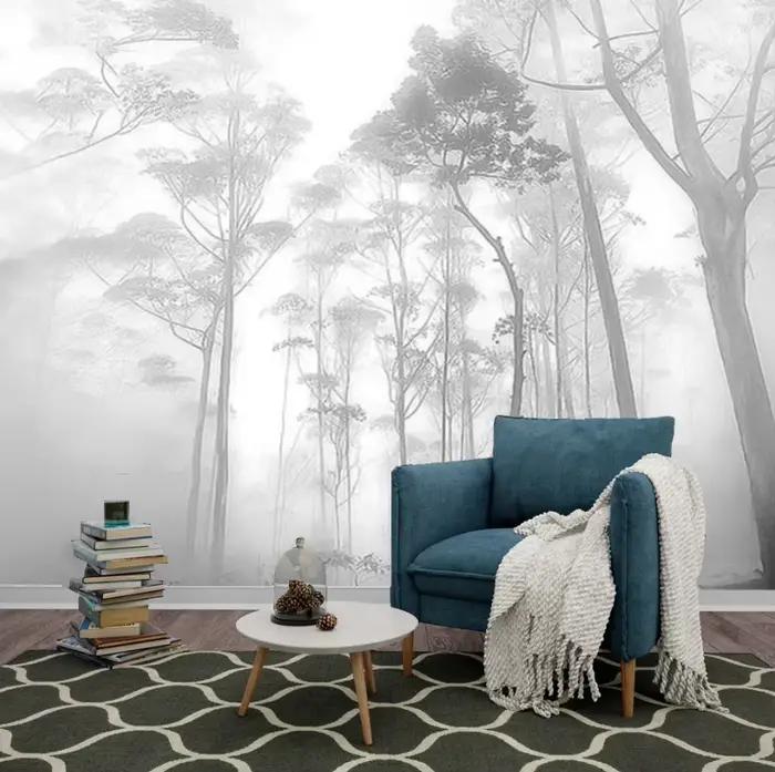 Papier peint personnalisé, peinture à l'huile, art forestier, murale de jungle, décoration intérieure, brouillard forestier, matin de l'aube, décoration murale forestière