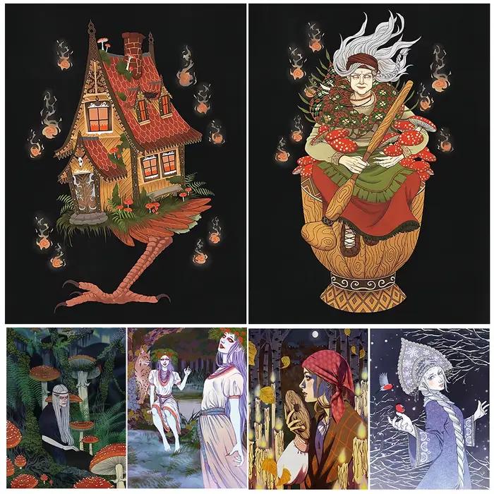 Baba Yaga et jour des morts Vintage mur Art toile peinture Folklore et sorcellerie mythes Art affiche et impression décoration de la maison