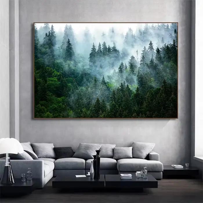 Affiche d'art de paysage de montagne d'arbres fantastiques brumeux de forêt verte moderne, peinture sur toile, imprimés muraux, image pour décoration de chambre et de maison