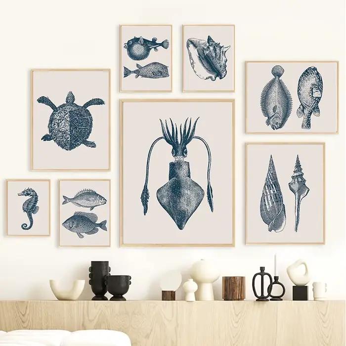 Hippocampe poulpe méduse crabe Vintage vie Marine mur Art impression toile peinture affiches pour salon moderne décor à la maison