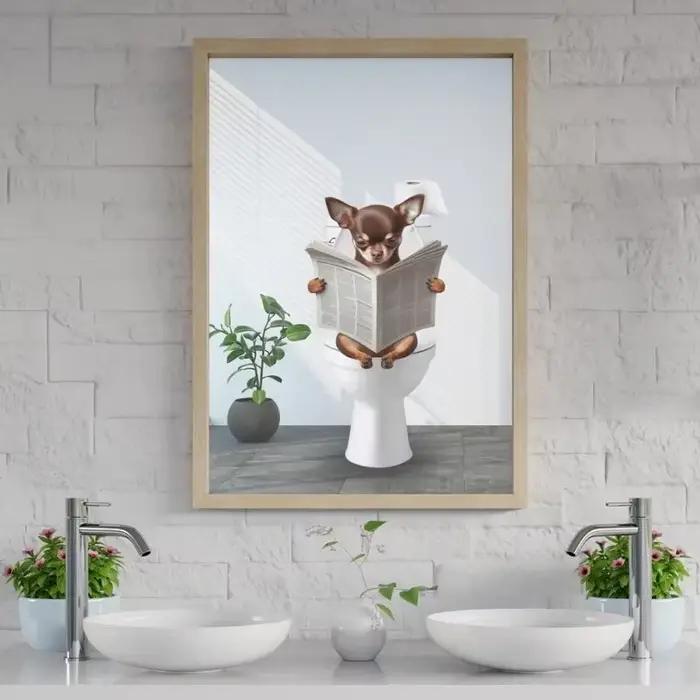 Affiche de journaux de lecture d'animaux assis sur la toilettes