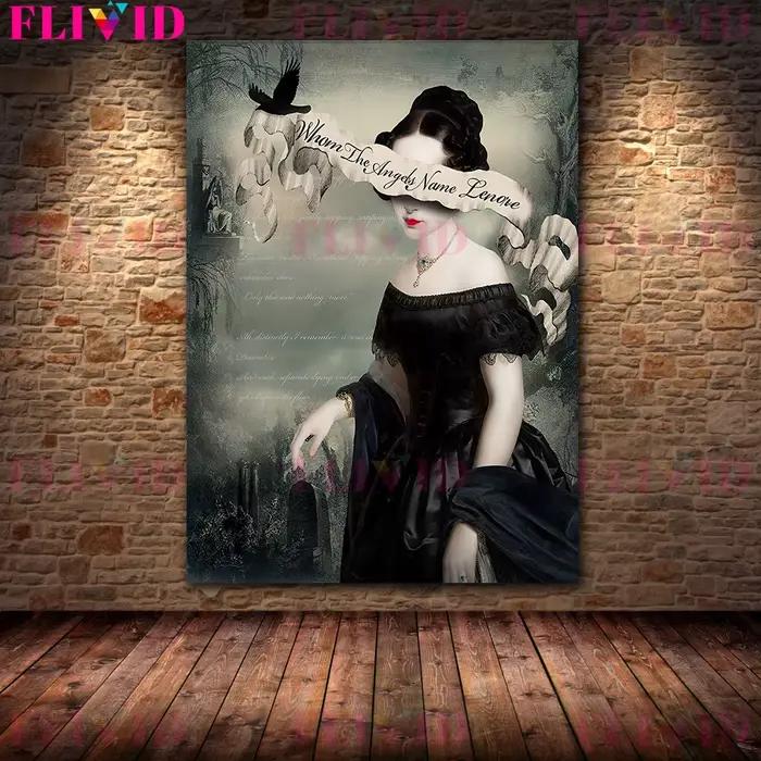 Gramophone et corbeau fille victorienne Vintage mur Art toile peinture citation poésie littérature Goth Art affiche imprimer décor à la maison