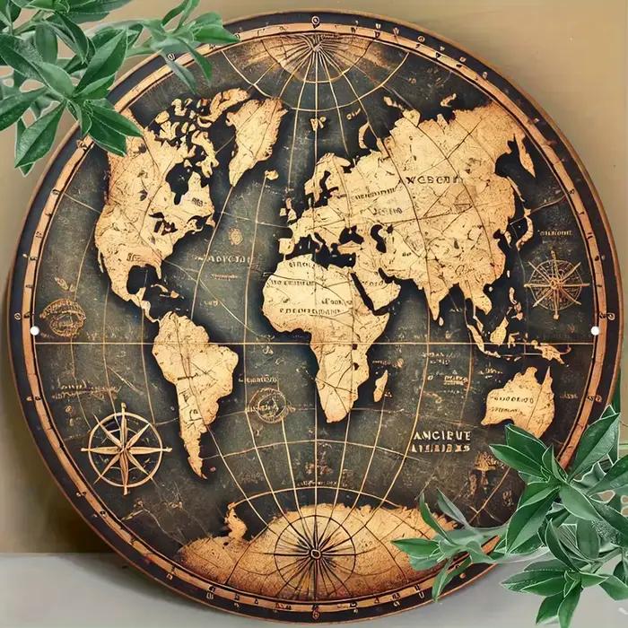 Décoration murale rétro - Tableau décoratif rond en bois avec motif de carte du monde en relief
