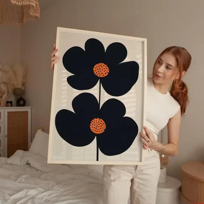 "Imprimé d'art floral minimaliste moderne du milieu du siècle : design double fleur noir audacieux avec des centres de