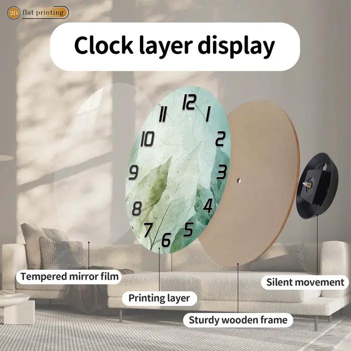 Horloge murale imprimée feuilles vertes fraîches – Motif botanique minimaliste