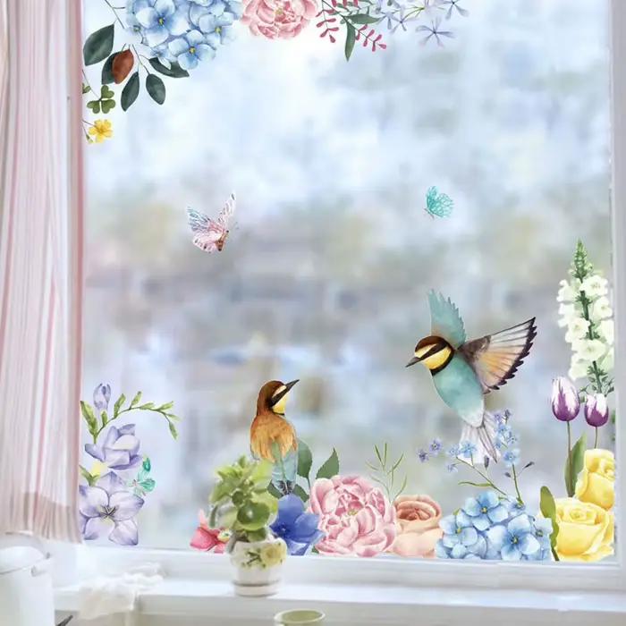 Peinture à l'encre fleurs oiseaux autocollant mural salon fond décoration intérieure papier peint pour verre fenêtres décor maison décalcomanies