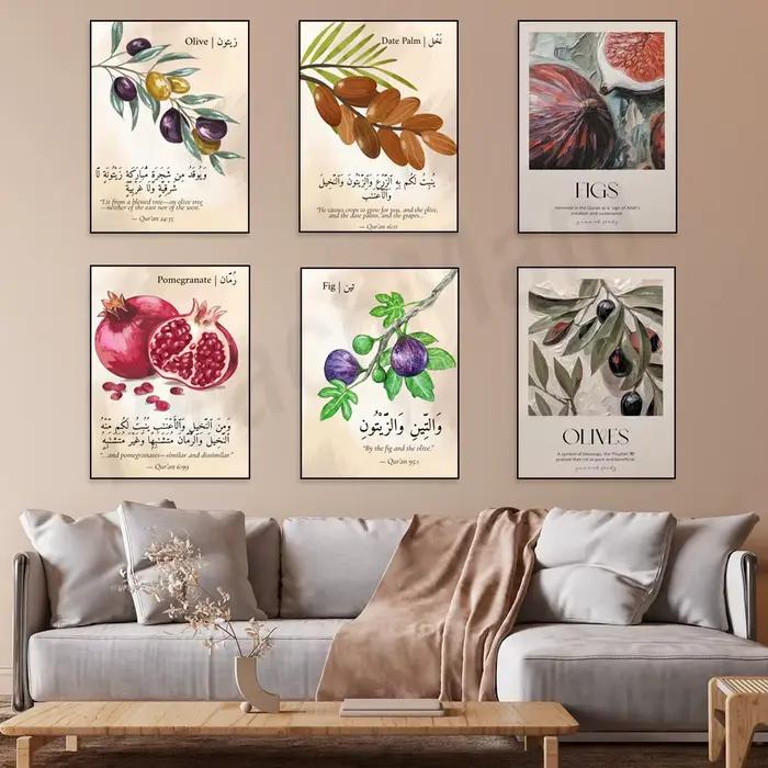 Art islamique, versets de plantes du coran, nourriture hadith, figues, olives, dattes, grenade, art mural musulman, affiche de décoration murale de cuisine