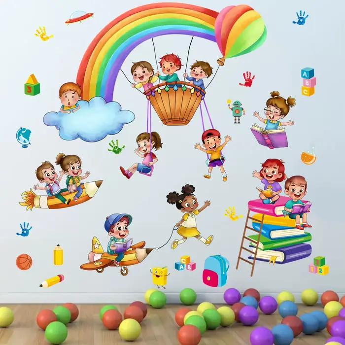 Dessin animé enfants jouent jeu arc-en-ciel autocollant mural auto-adhésif école salle de classe