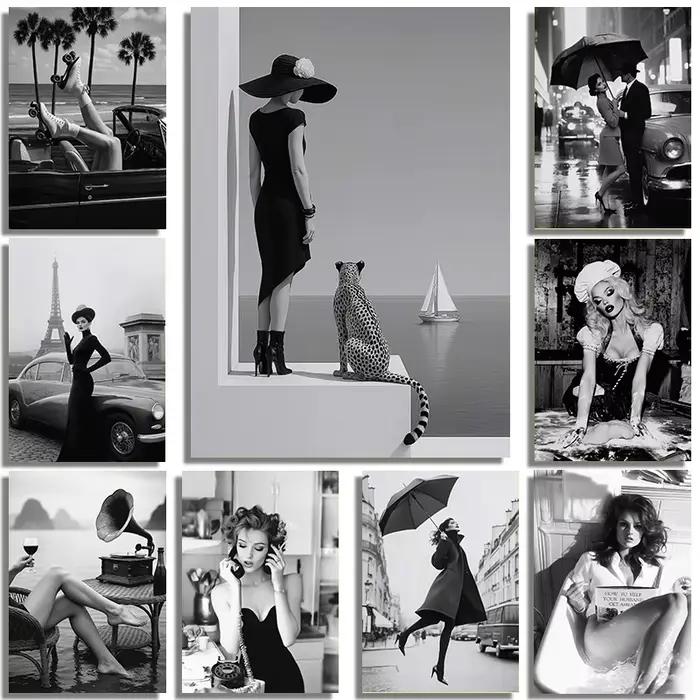 Affiche d'art de portrait de modèle sexy en noir et blanc