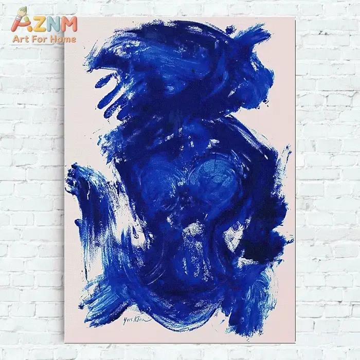 AZNM Peinture sur toile abstraite bleu Klein, art mural moderne texturé, motif éclaboussures d'encre, figure humaine, sans cadre, pour un style minimaliste