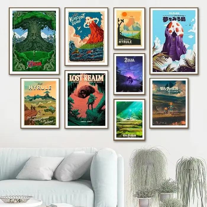 Zelda voyage Anime paysage affiche Village toile peinture impression haleine sauvage mur photo salon moderne décor à la maison