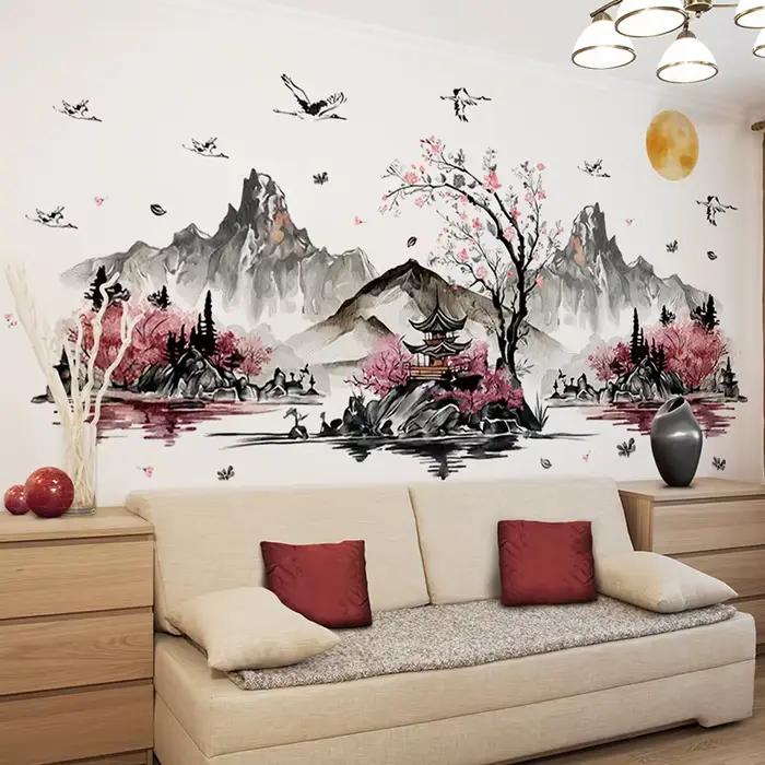Autocollants muraux grue de peinture de paysage de Style chinois