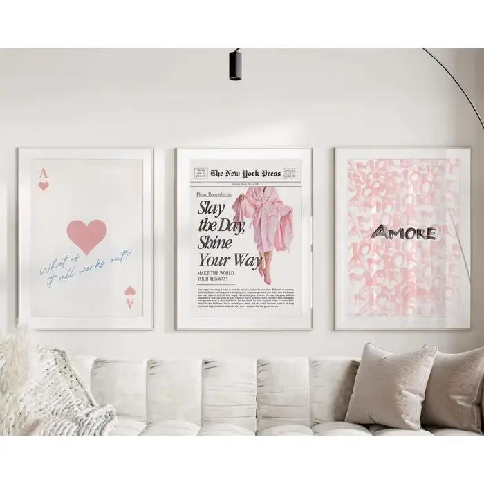 3 pièces/ensemble rétro Girly nouveau Yorker journal toile impression affiche la vie est meilleure en rose moderne Funky Preppy Art imprime décor à la maison
