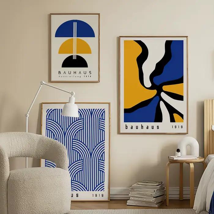 Peintures sur toile bleues Bauhaus de style moderne du milieu du siècle