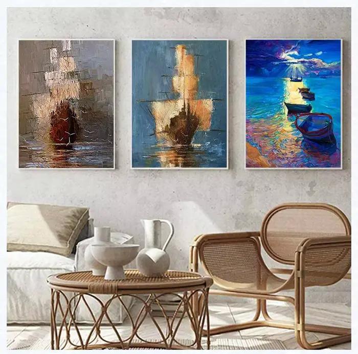 Peinture abstraite sur toile d'un bateau à voile sur la mer