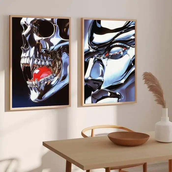 Peinture de style Japandi, couleur argentée brillante, calligraphie, impression sur toile moderne, décoration murale élégante pour chambre à coucher, café, maison, cadeau