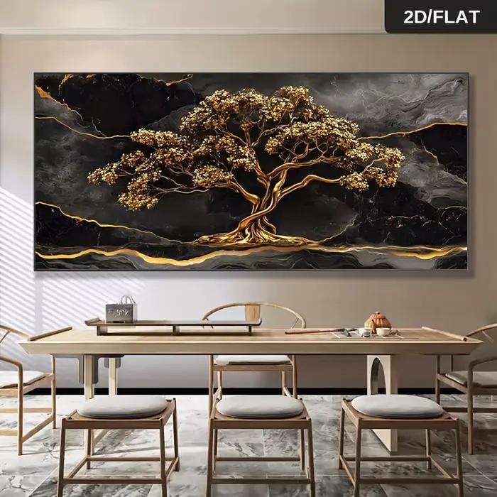 Toile d'art mural en marbre d'arbre doré abstrait moderne sans cadre, peinture dorée et noire de grande taille, Accent de maison de luxe 2D plat