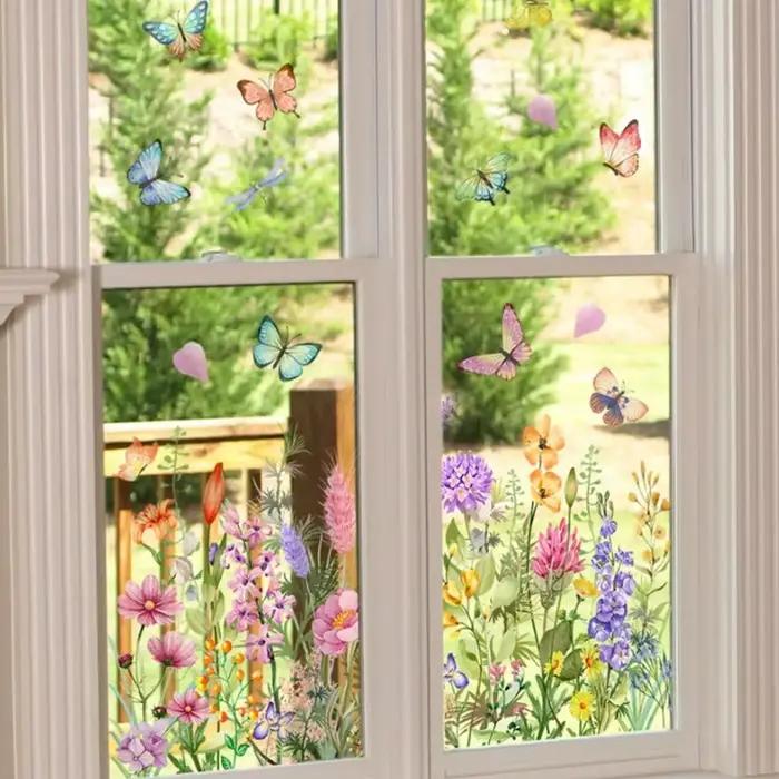 Autocollant mural électrostatique coloré papillon fleur stickers muraux décoration de la maison fenêtre verre autocollants INS bricolage chambre décor