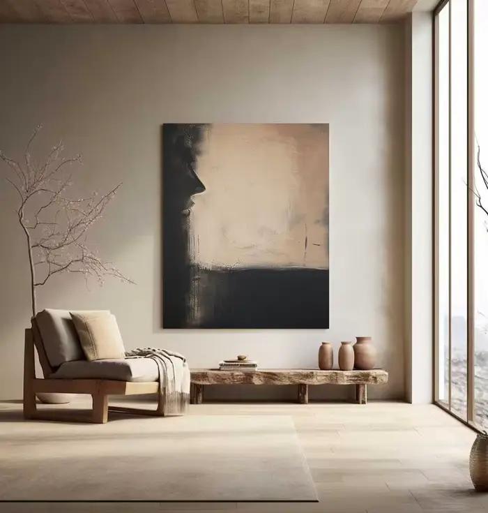 Wabi-sabi Art mural noir Beige peinture abstraite médiévale