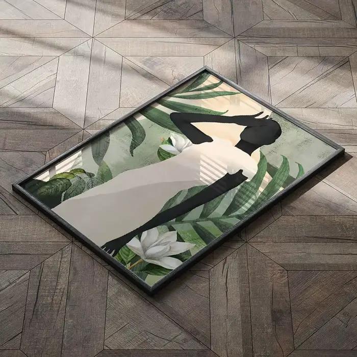 Peinture sur toile abstraite de femme africaine avec feuilles