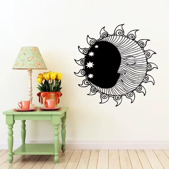 Autocollant mural soleil croissant de lune, double symbole d'étoiles ethniques, autocollants muraux en vinyle, décoration intérieure de maison, chambre à coucher