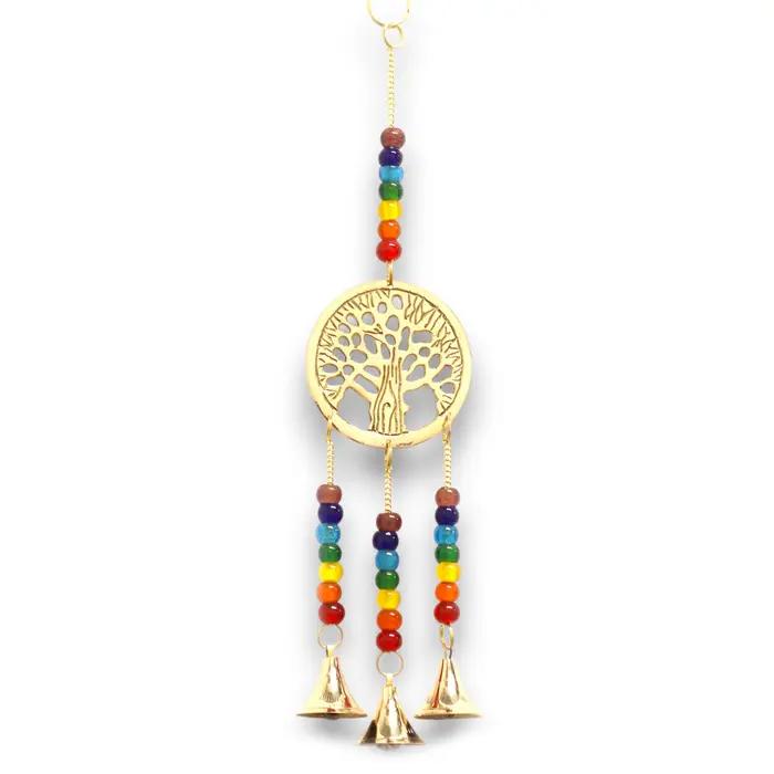 Indian Chimes - Brass Tree of Life with Chakra Beads - 3 Bells - 6.5x31cm