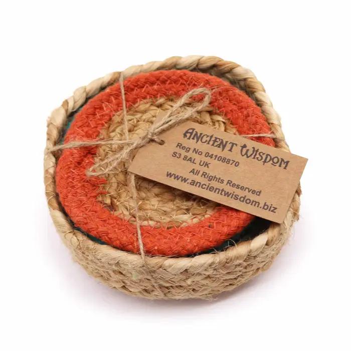Natural Coaster - Jute & Cotton 10cm (set of 6) Mixed colours in basket