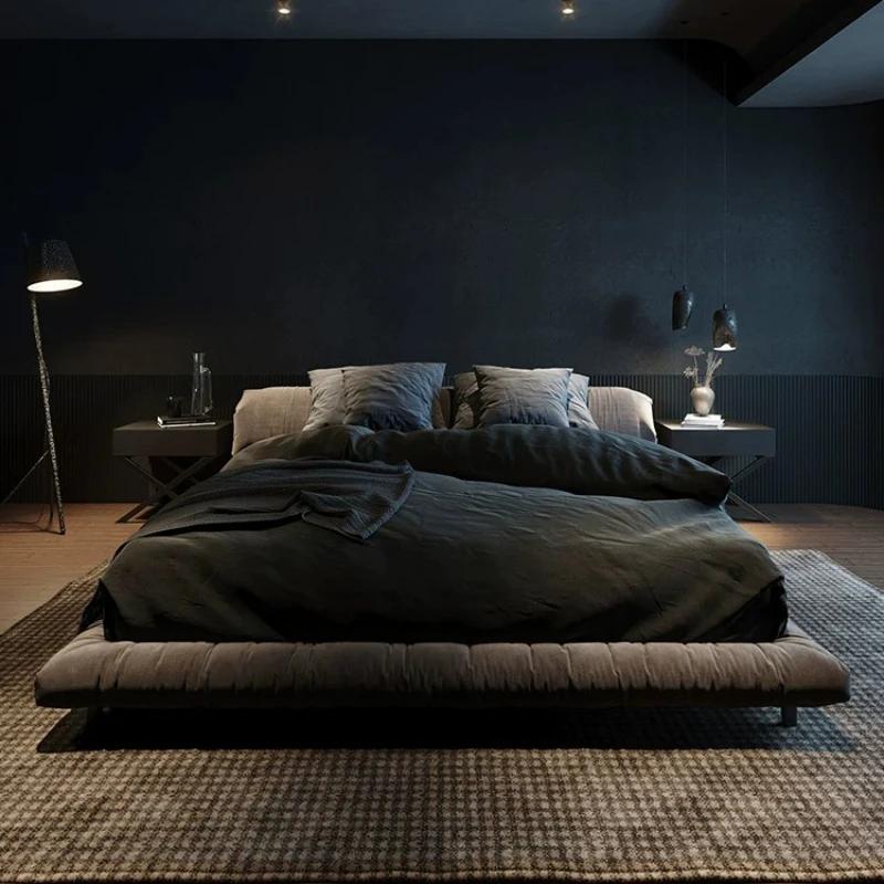 Lit moderne 200x220cm avec cadre en bois gris, lit double plateforme, lit tatami au sol, lit queen,